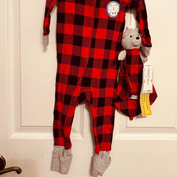 Max & Olivia Baby Buffalo Plaid Footed Sleeper with Lovey Red 12M - Picture 2 of 10